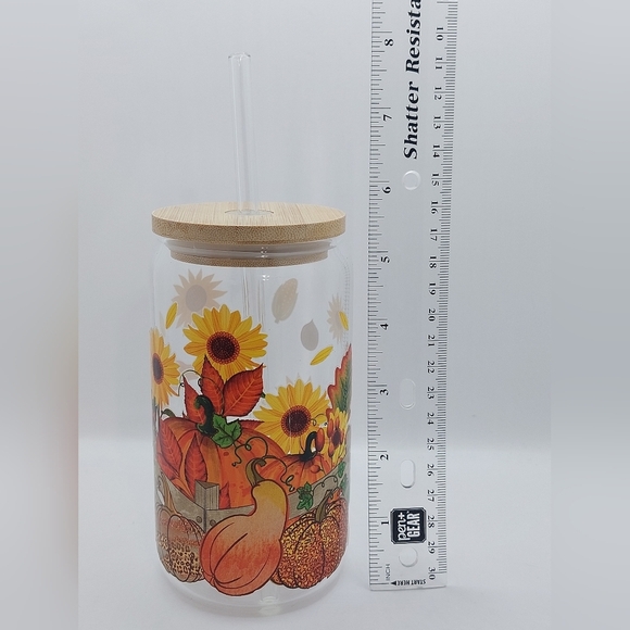 Fall Harvest Pumpkin and Sunflower 16oz Glass with Lid and Glass Straw - Picture 9 of 9